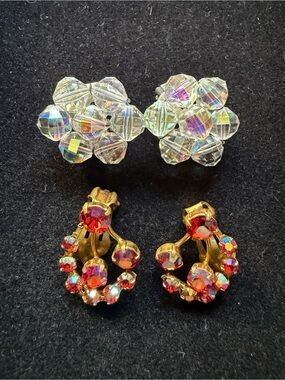 Crystal Cluster Clip-On Earrings - Clear and Red Aurora Borealis Vintage